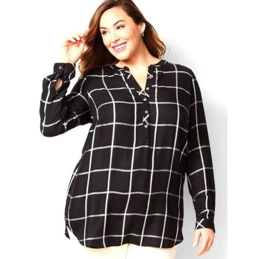 TALBOTS Classic Windowpane Plaid Tunic Popover Top Size 2X Black White